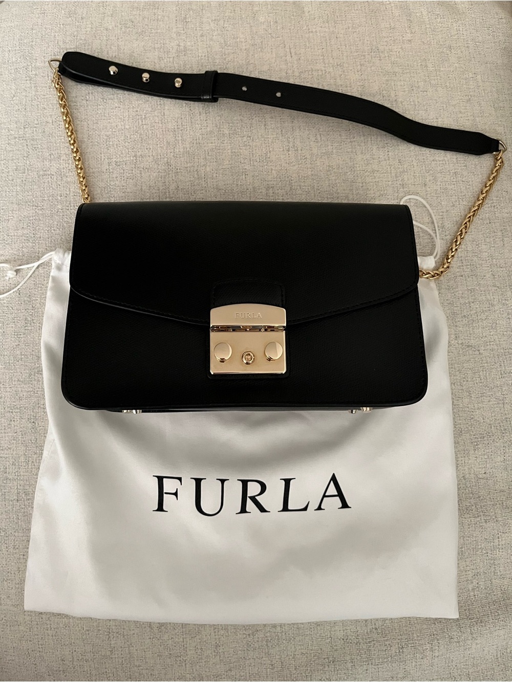 Brand new Furla Metropolis Black Saffiano Leather Shoulder Bag Gold Hardware